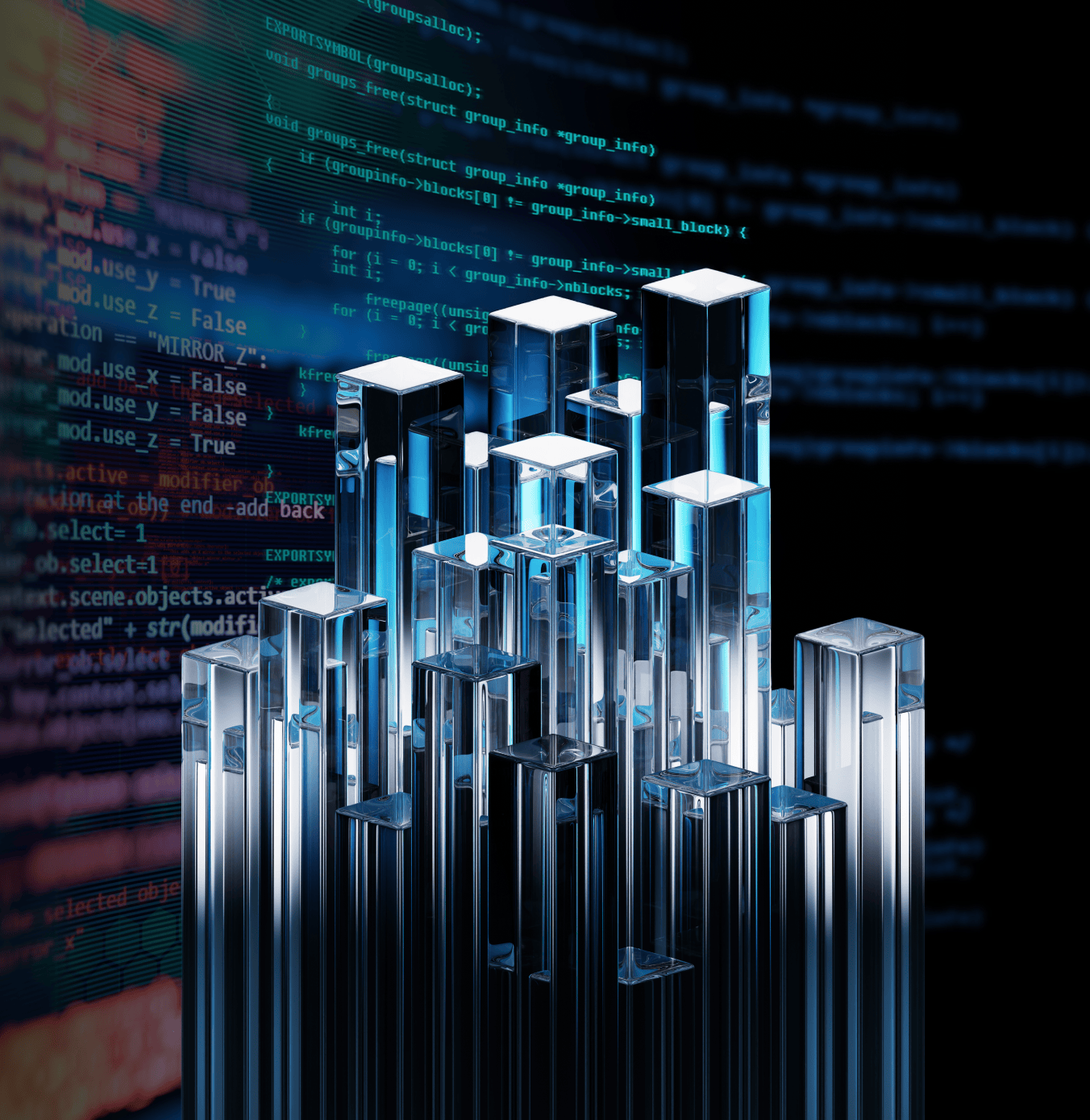 digital illustration showing tall translucent pillars resembling data towers in the foreground, with colorful lines of computer code blurred in the background, symbolizing the connection between web infrastructure and technical systems