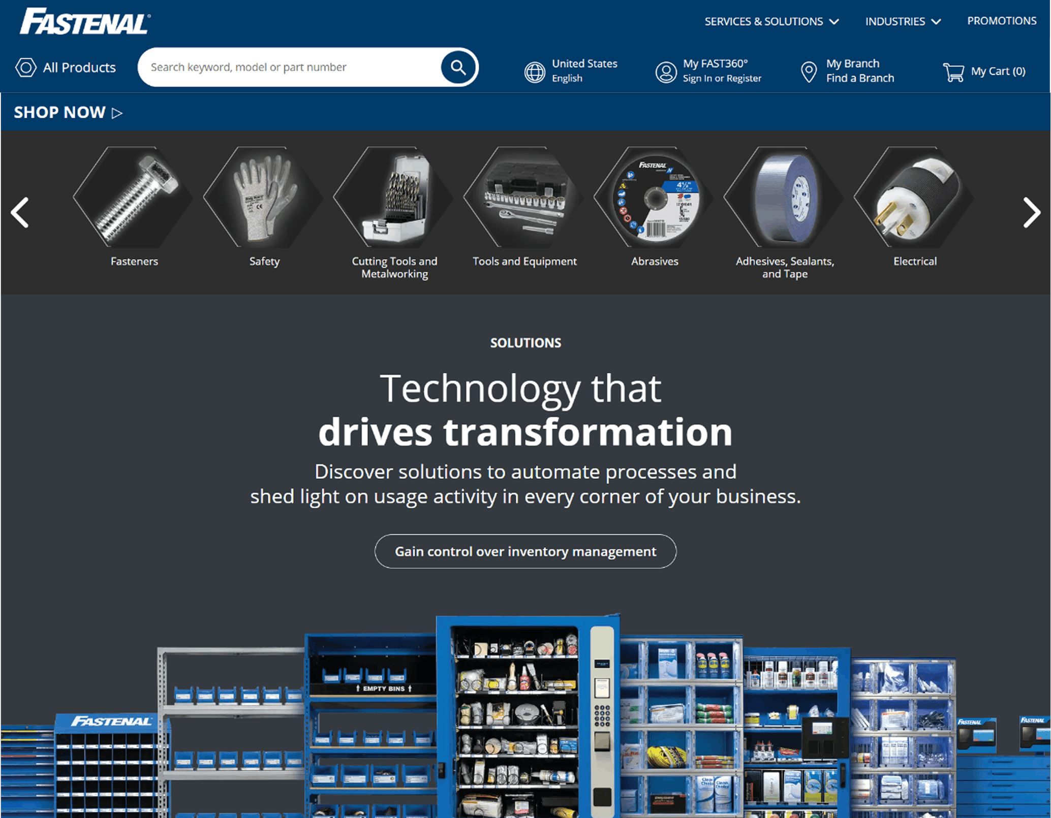 fastenal homepage showing a prominent product search bar, clear category links, and a banner promoting its inventory‑management technology.