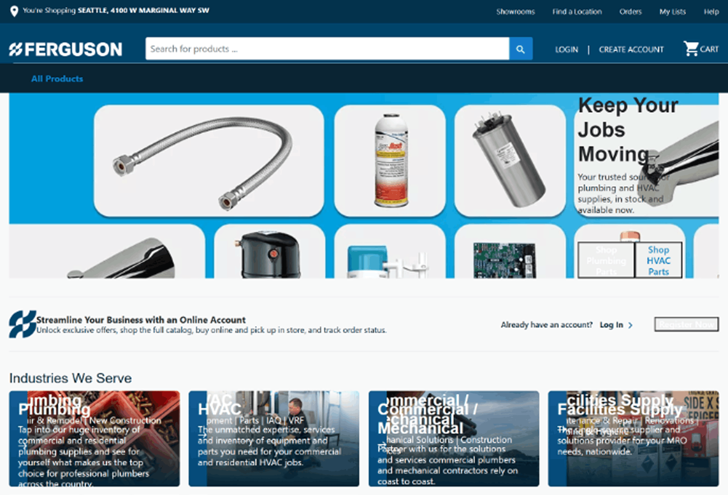 ferguson homepage showing search bar, location header, product banner, and links for pro and consumer account features