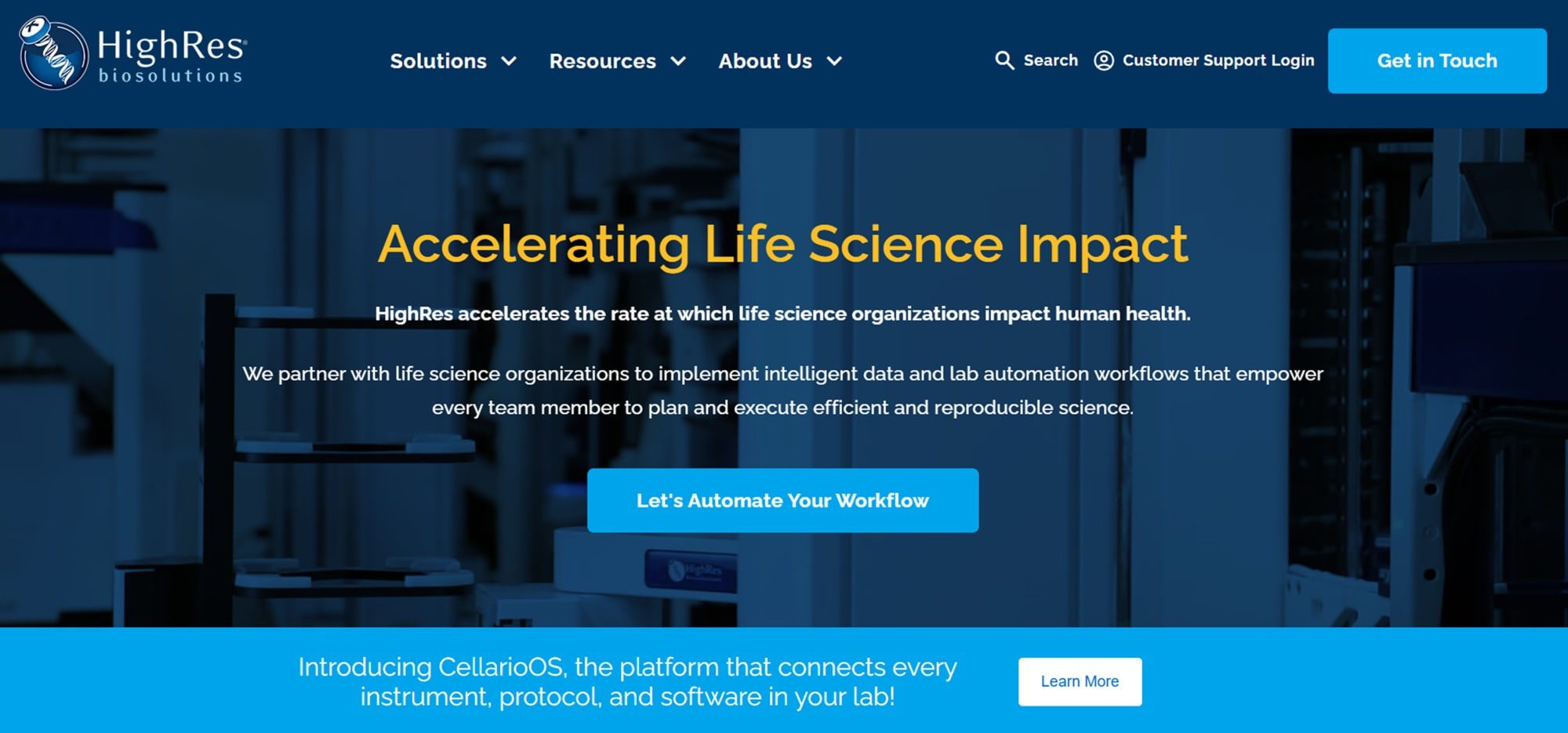 Homepage hero of HighRes Biosolutions