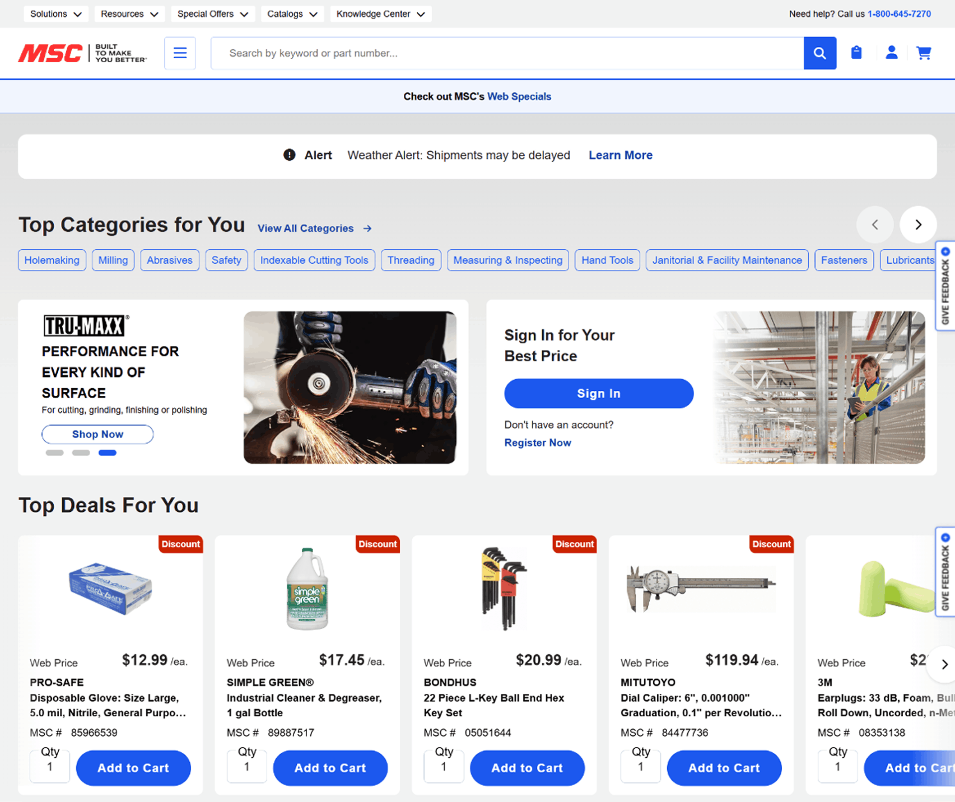 msc industrial homepage showing product categories, search bar, and mobile-friendly layout with promotional panels