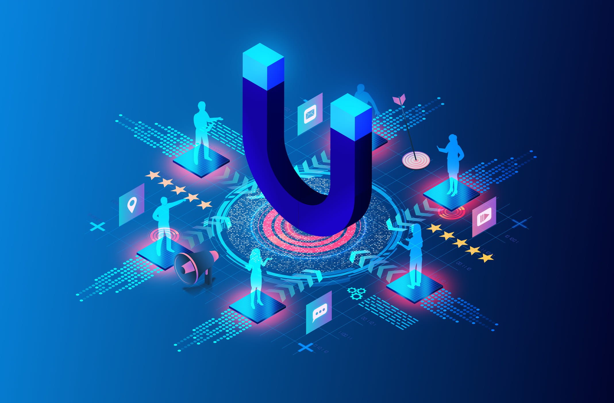 large magnet attracts individual buyers surrounded by icons for chat, email, ratings, and location, with digital lines and arrows showing how inbound marketing pulls prospects in through helpful content and automated touchpoints