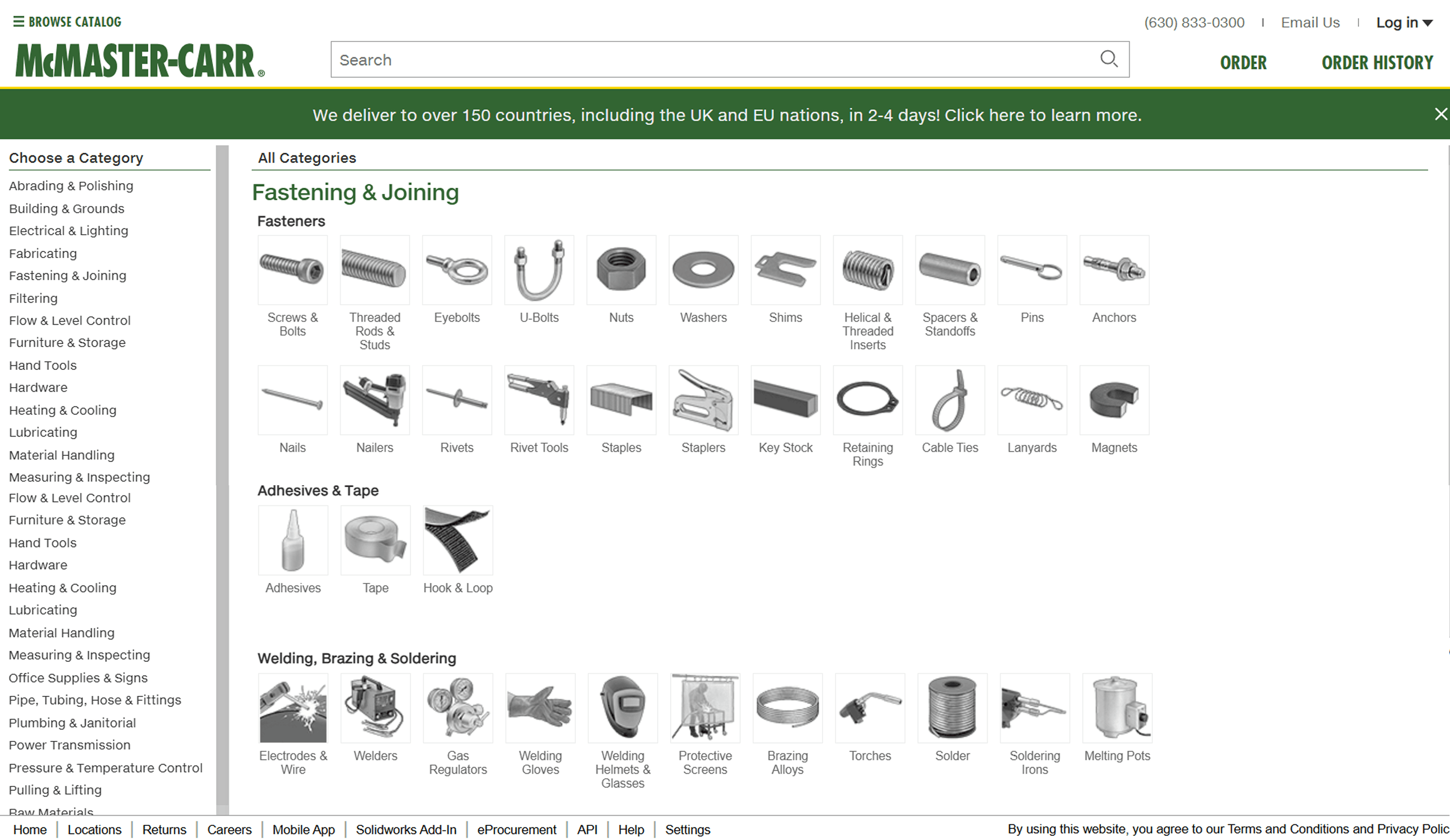 mcmaster‑carr category page showing a simple, utilitarian layout with grouped listings for fasteners, adhesives, and welding supplies