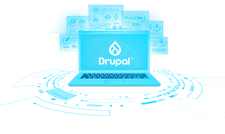 Blue laptop with the Drupal logo on the screen