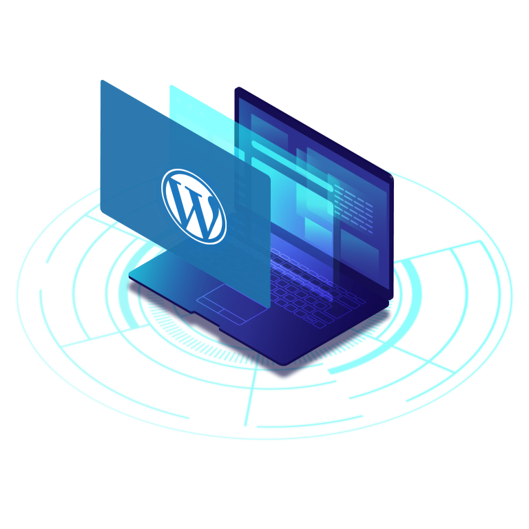 WordPress logo jumping out of laptop screen