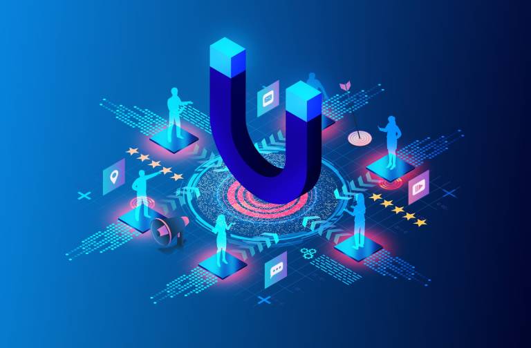 large magnet attracts individual buyers surrounded by icons for chat, email, ratings, and location, with digital lines and arrows showing how inbound marketing pulls prospects in through helpful content and automated touchpoints