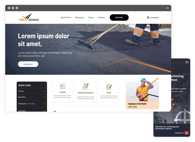 Screenshots of the A-One Chipseal home page on a full size screen and on a mobile size screen