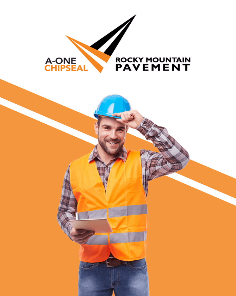 construction worker wearing a hardhat and hi-vis vest with the A-One Chipseal logo