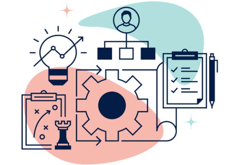 line‑art illustration representing coordinated marketing operations, including planning, workflow, and execution components