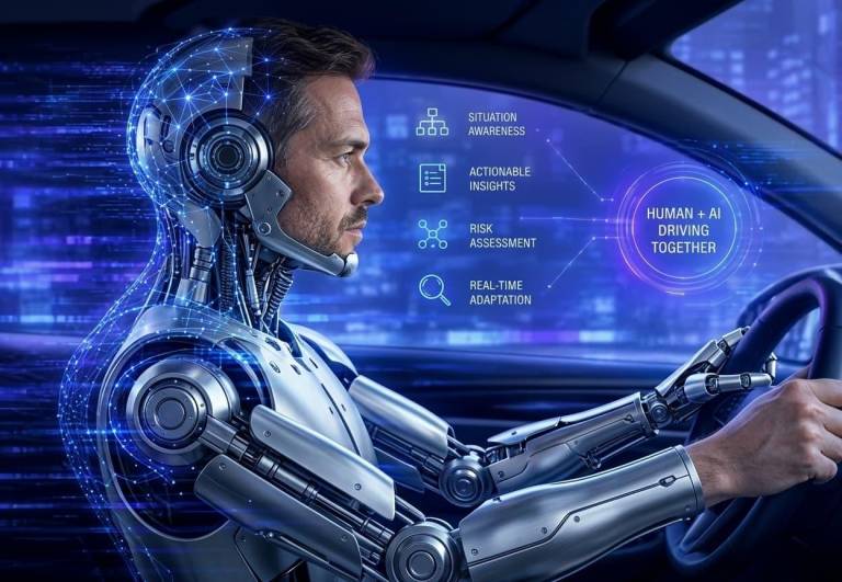 human driver and translucent AI figure overlaid together inside a car, representing the convergence of human and AI information discovery through accessible, machine-interpretable websites.