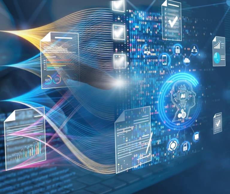 digital interface visualizing connected business data and AI interpretation, representing how clear website structure helps AI systems understand, retrieve, and recommend an organization's expertise