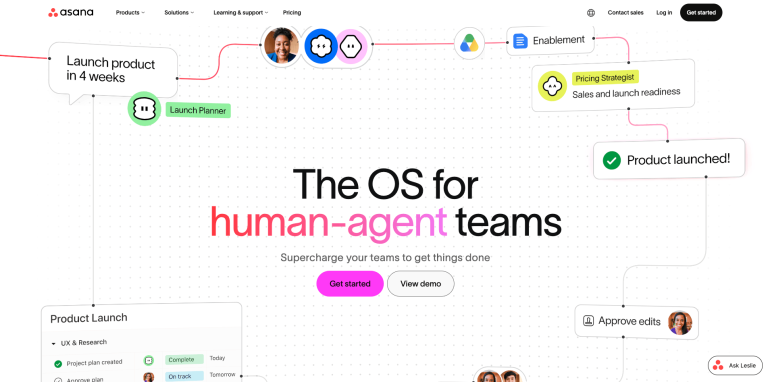 sana homepage with clear value proposition headline, dual CTAs, and workflow visualization