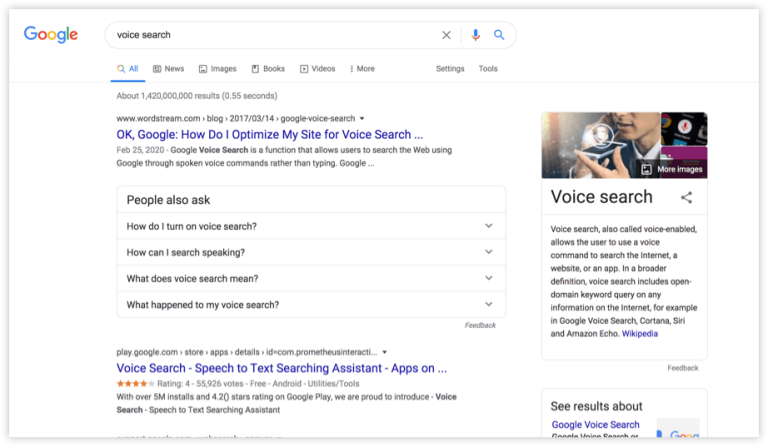 Google results for voice search