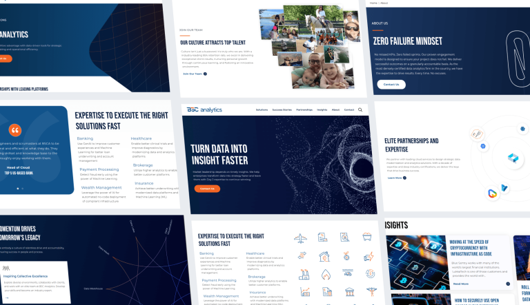 Collage of web pages from the BSC Analytics web site displayed in grid at a slight angle