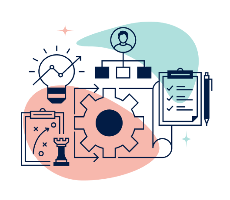 line‑art illustration representing coordinated marketing operations, including planning, workflow, and execution components