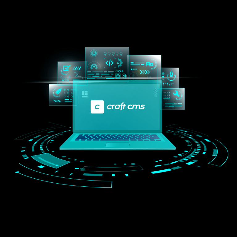 Craft cms logo on laptop with pages in background