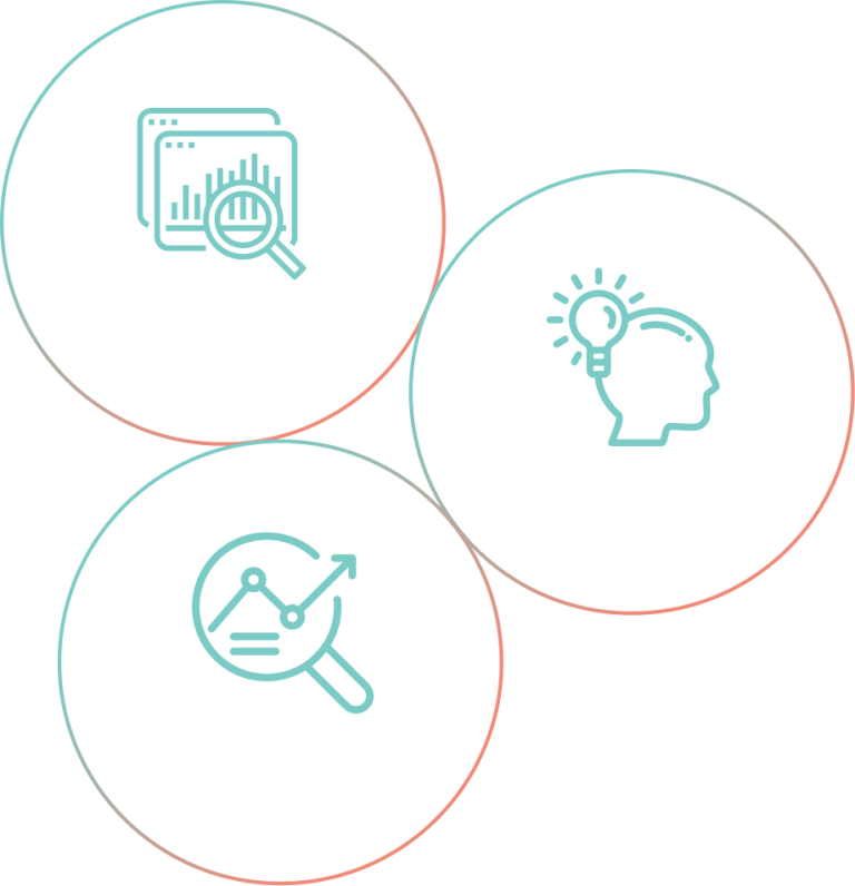three icons showing a magnifier over a bar chart, a person's head with a light bulb over it, and a magnifier over a line chart