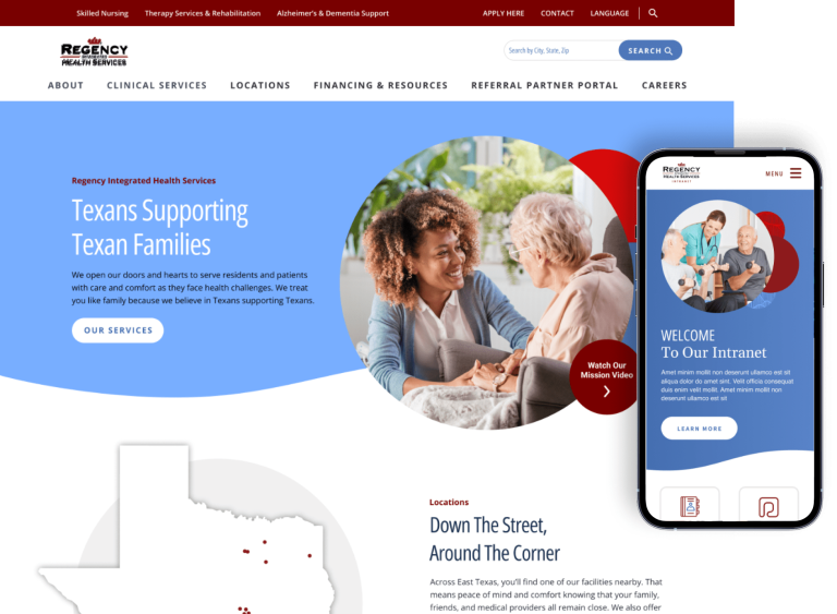 the Regency Health Services web site on a desktop-sized screen and mobile device