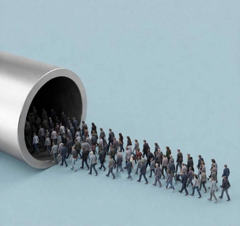 A rendering of a large silver tunnel on a teal background with lots of people walking into it