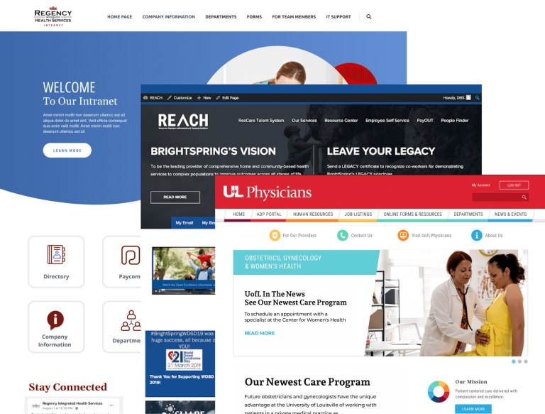 screenshots of intranets that have been custom developed by DBS Interactive for healthcare organizations