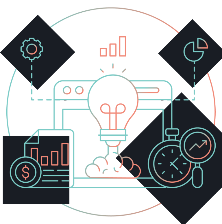 four business icons on a circle around a center icon of a lightbulb lifting off from a browser