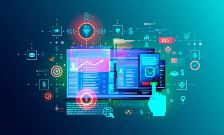 Concept image representing industrial website development featured a laptop mobile device and icons
