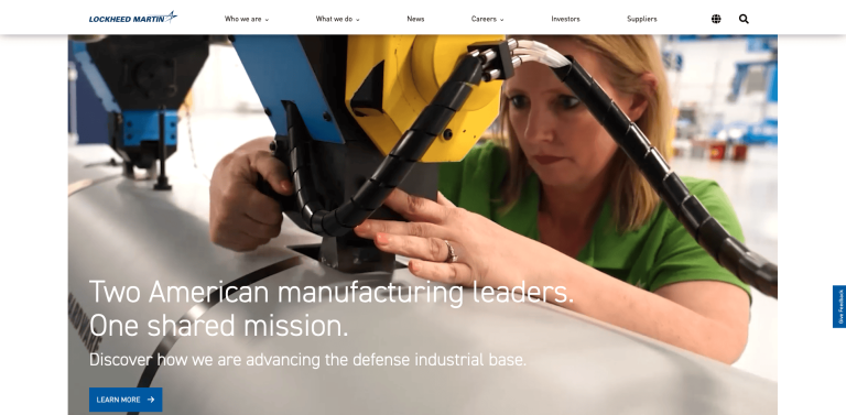 Lockheed Martin homepage hero showing engineer inspecting aerospace component with mission-driven headline overlay