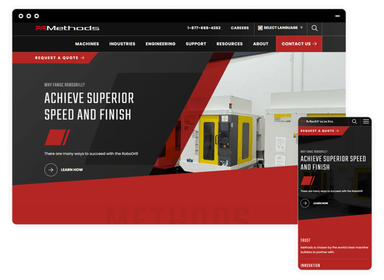 Methods Machine home page in both a desktop window and a mobile screen