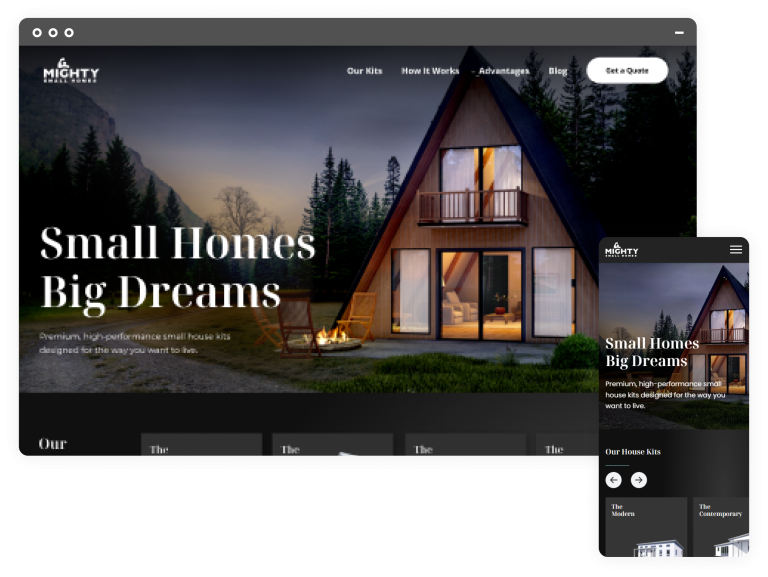 Mighty Small Homes website screenshots on mobile and desktop devices