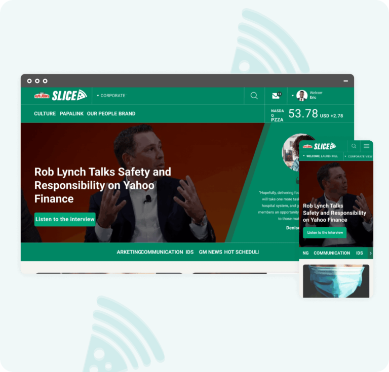 Papa Johns home page on desktop and mobile with transparent pizzas around it