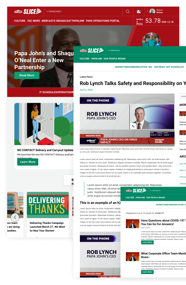 Example page views of Slice intranet