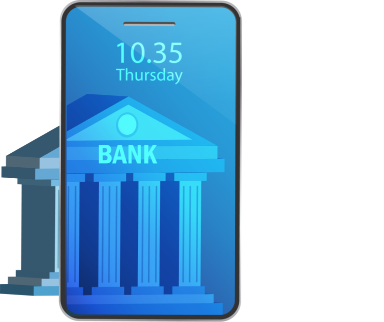 Illustration of a digital device in front of a bank
