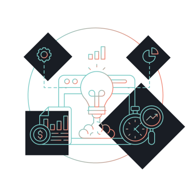 illustration of a lightbulb rising from a smoke plume in front of a web browser with various business symbols around it