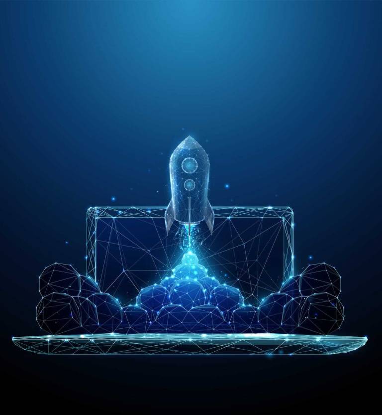 wireframe rocket launching from a laptop screen, representing digital acceleration and upward performance
