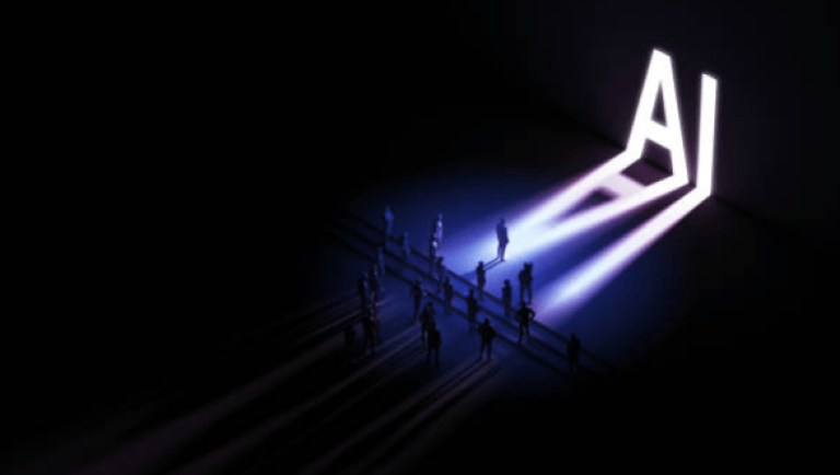 glowing AI doorway with people walking toward it in a dark environment, representing how generative search and AI-driven discovery are reshaping how SaaS buyers find and evaluate solutions