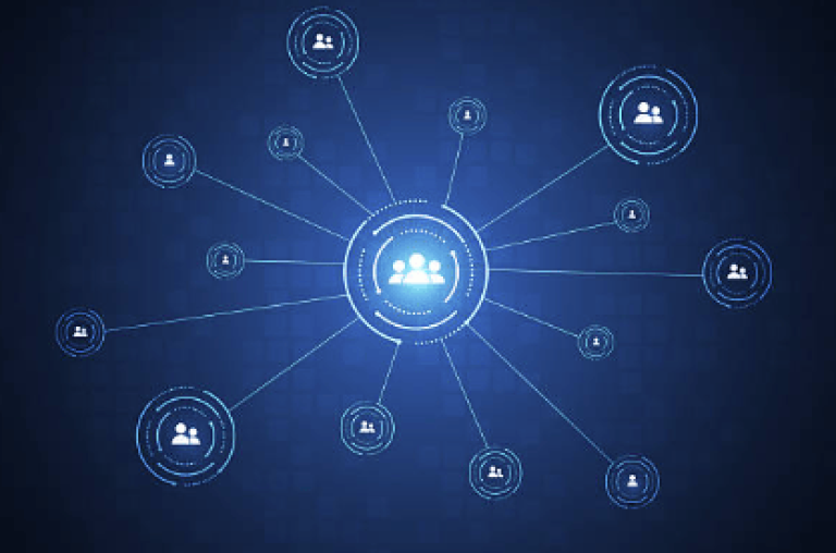 network of connected user icons radiates from a central group, representing how communities and micro-influencers amplify trust and influence SaaS buying decisions through peer validation and shared expertise