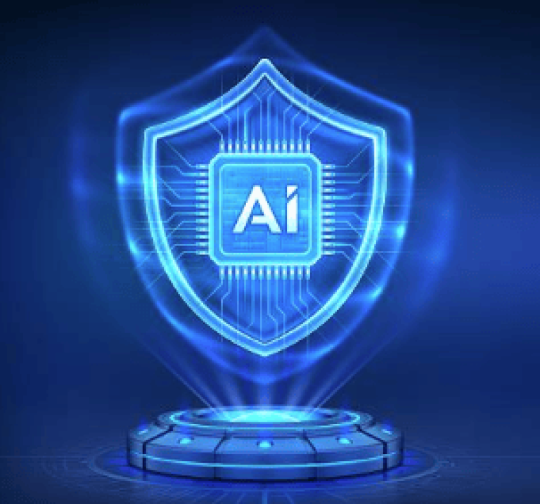glowing AI shield with a microchip at its center, representing data protection, transparency, and ethical AI practices that build trust and influence SaaS buying decision