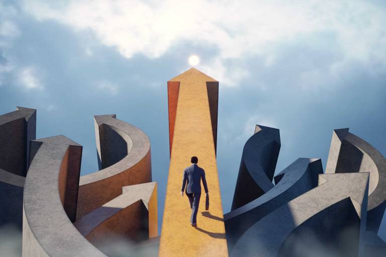 business professional walks along a highlighted path rising above a maze of obstacles, representing the shift SaaS companies must make from outdated tactics to a clear, value-driven marketing strategy focused on revenue and long-term growth