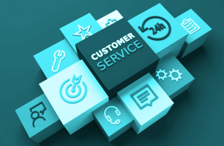 Interconnected blocks labeled customer service with support and engagement icons, representing how SaaS companies use automation and coordinated systems to improve retention, customer experience, and lifetime value
