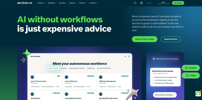 ServiceNow homepage with bold value proposition headline and AI workflow platform UI preview
