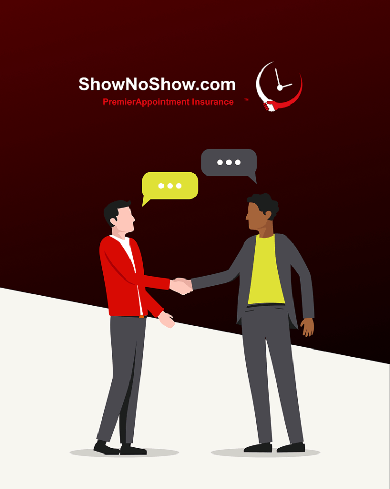 illustration of two people shaking hands and talking with the ShowNoShow.com logo