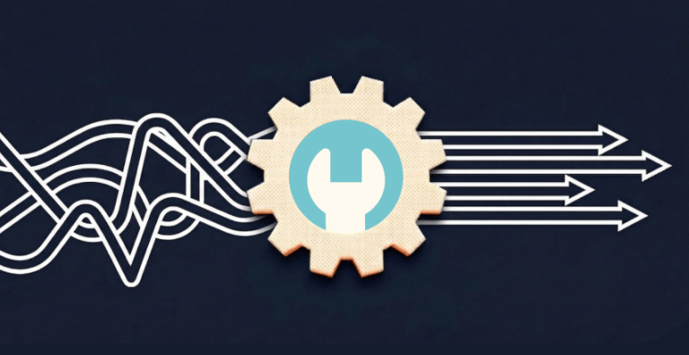 illustration of tangled lines flowing through a gear and emerging as organized arrows representing how agencies streamline complexity through shared enterprise tooling