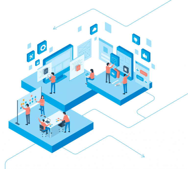 illustration of strategists and designers working on development of user interfaces and other aspects of user experience