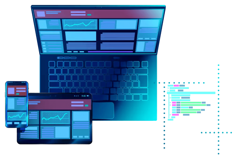 laptop, tablet, and mobile showing various windows and charts open on their screens