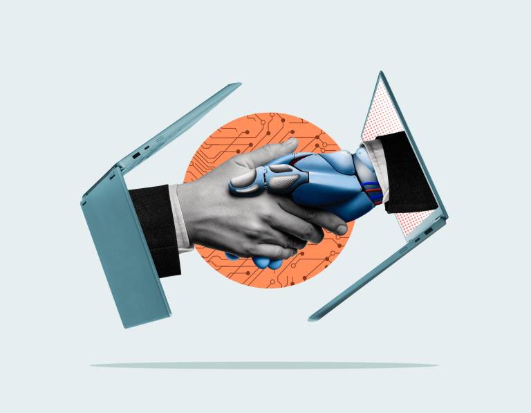 illustration of a human hand and robotic hand shaking between computer screens, representing human-AI collaboration and AI integration