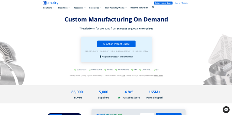 Xometry homepage highlighting instant quote options and manufacturing certifications
