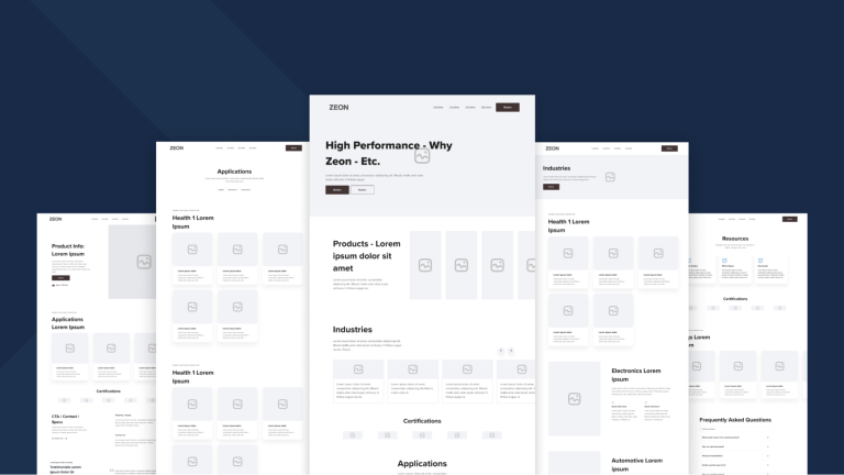 Collection of wireframes designs for zeon smi website