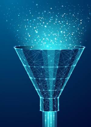 digital funnel made of connected data points captures and filters particles flowing downward, representing how full-funnel account-based marketing uses intent data to identify, engage, and convert high-value SaaS prospects