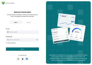 ServiceBank volunteer coordination platform interface showing sign-in access and interconnected data dashboards