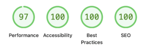 Zeon smi lighthouse scores show 97 for performance 100 for accessibility 100 for best practices and 100 for seo
